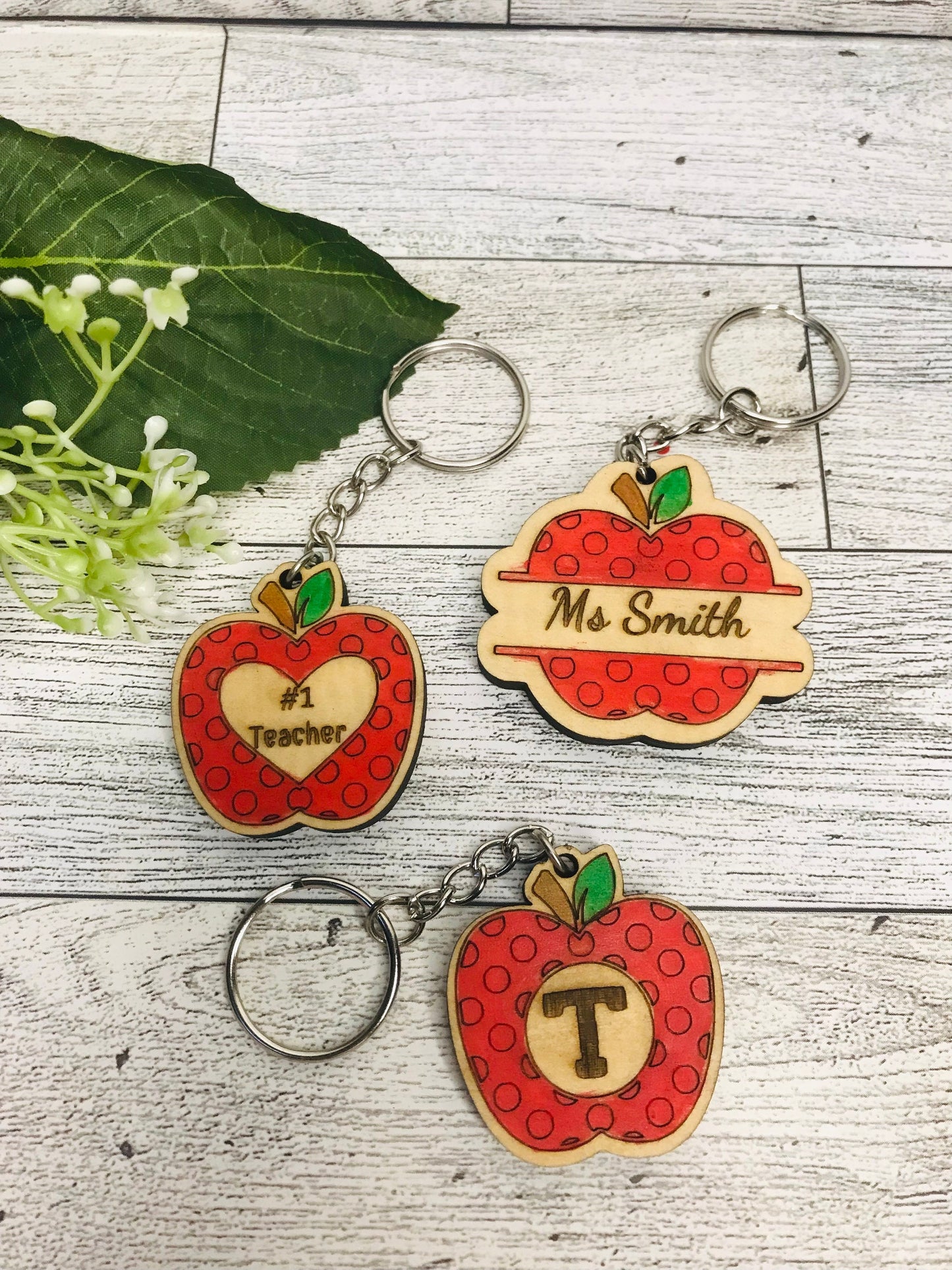 Custom Laser Cut and Engraved Wooden Apple Keychain, Teacher Bag or Purse Charm