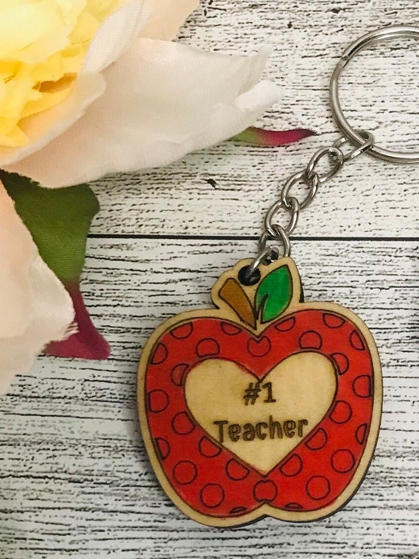Custom Laser Cut and Engraved Wooden Apple Keychain, Teacher Bag or Purse Charm