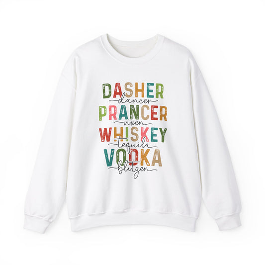 Dasher, Prancer, Whiskey, Vodka Adult Alcohol Themed Christmas Sweater Unisex Heavy Blend™ Crewneck Sweatshirt