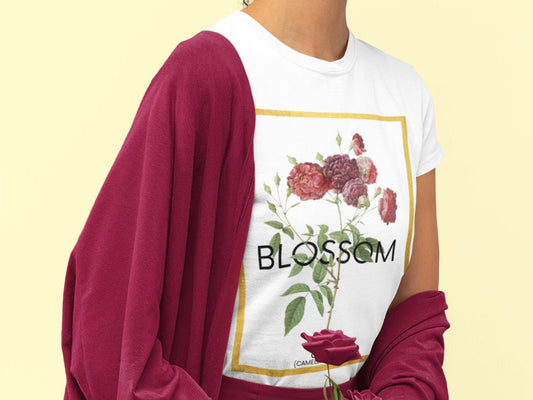 Camellia Blossom T-shirt; 3-D Flower Design Shirt; Nature Themed Clothing; Unisex Jersey Short Sleeve Tee