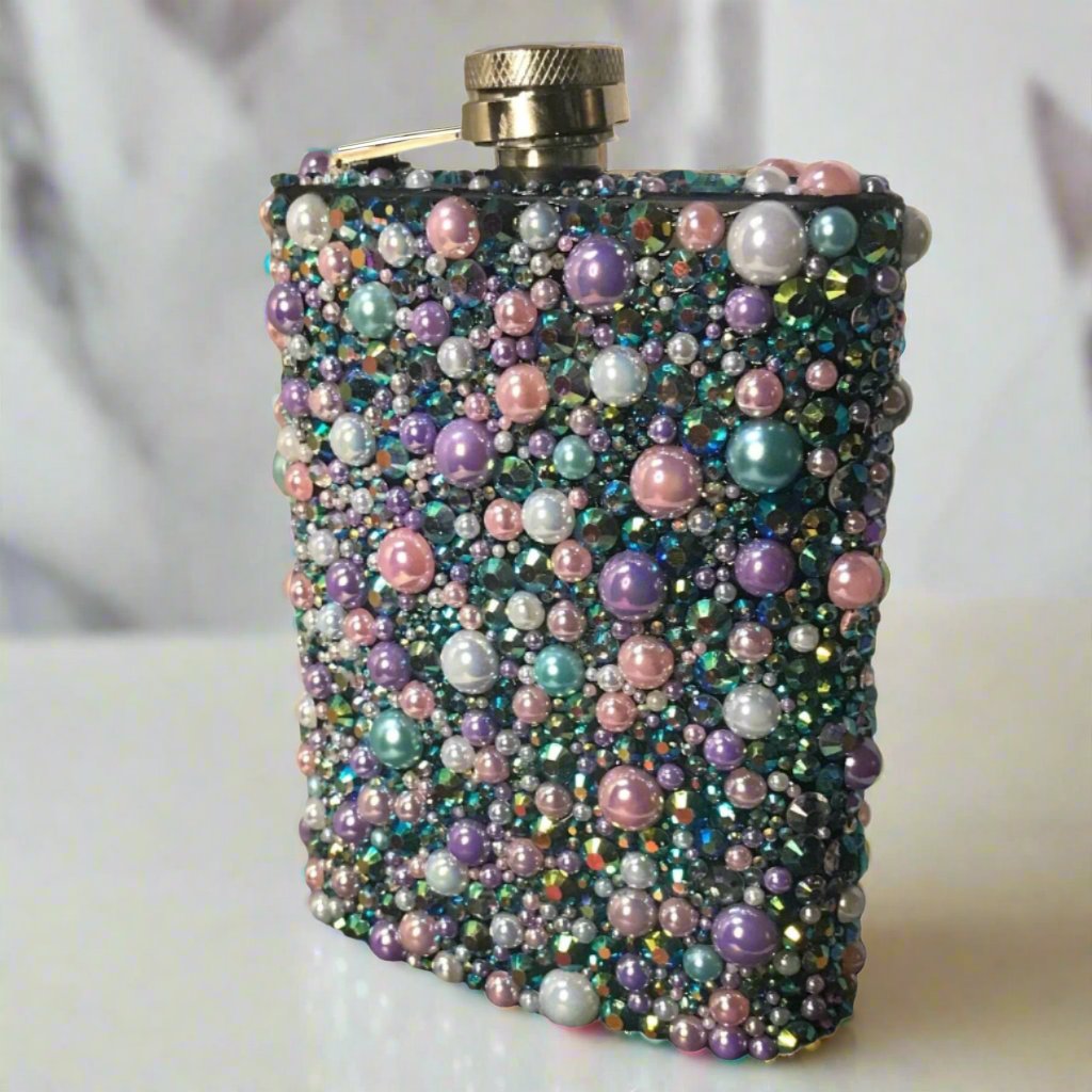 Colorful Rhinestone and Pearl Bedazzled 8oz Stainless Steel Hip Flask and Funnel Set wthe