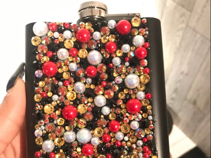 Colorful Rhinestone and Pearl Bedazzled 8oz Stainless Steel Hip Flask and Funnel Set wthe