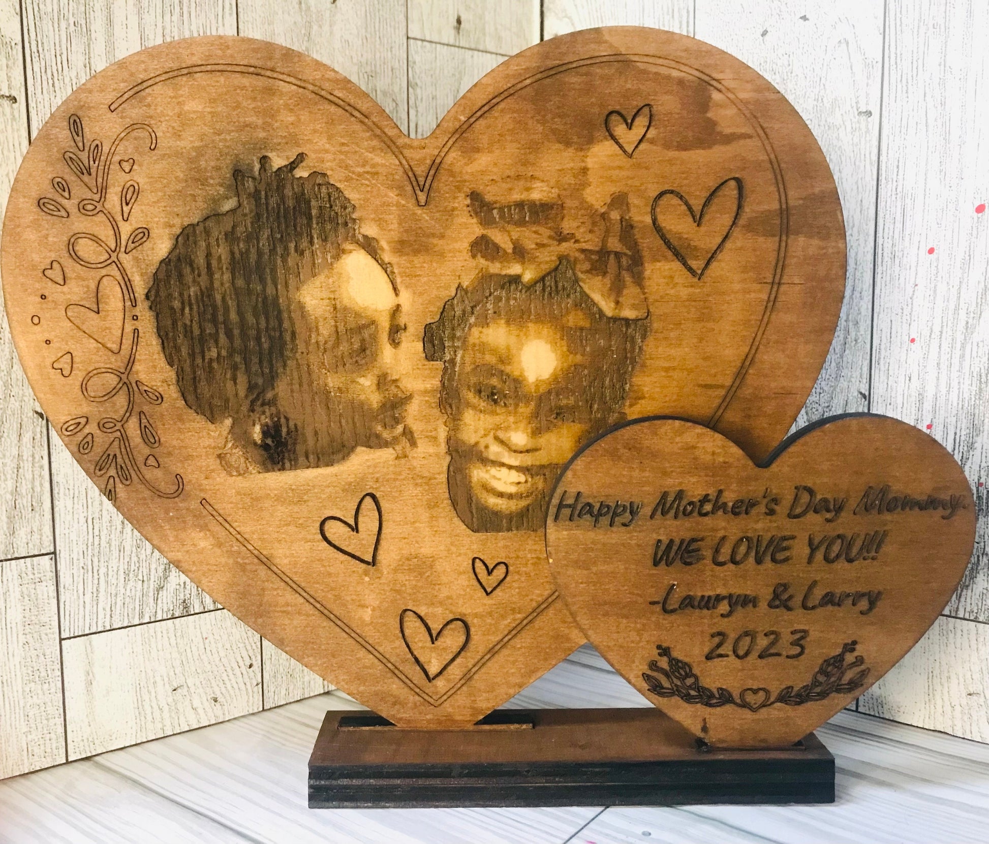 Double Heart Wooden Plaque with Laser Engraved Photo and Personalized Message