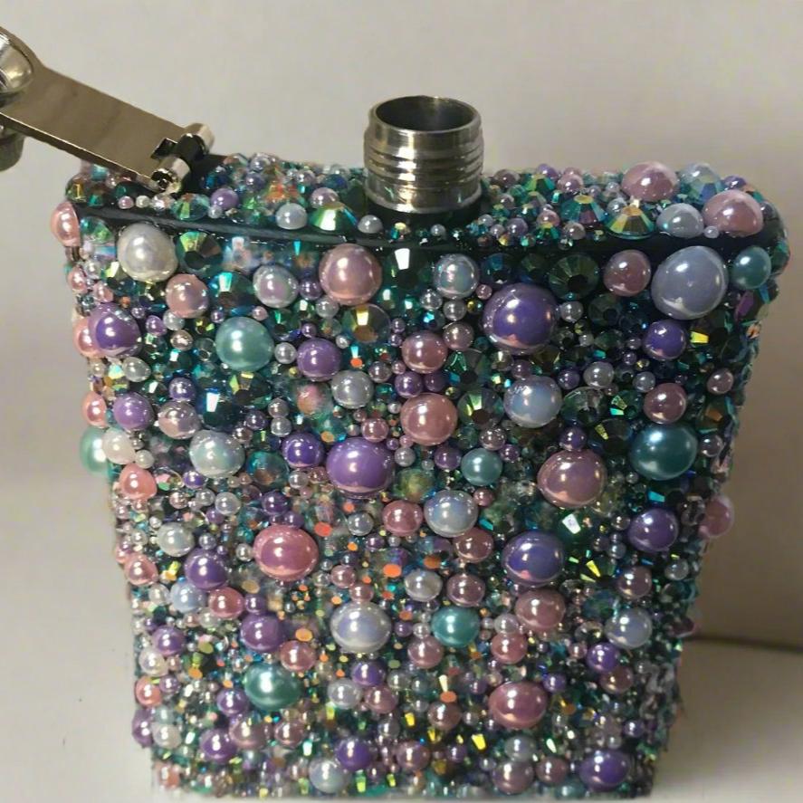 Colorful Rhinestone and Pearl Bedazzled 8oz Stainless Steel Hip Flask and Funnel Set wthe