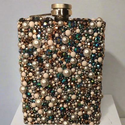 Colorful Rhinestone and Pearl Bedazzled 8oz Stainless Steel Hip Flask and Funnel Set wthe