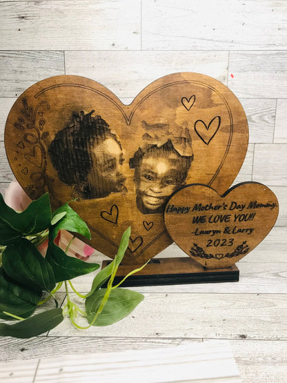 Double Heart Wooden Plaque with Laser Engraved Photo and Personalized Message