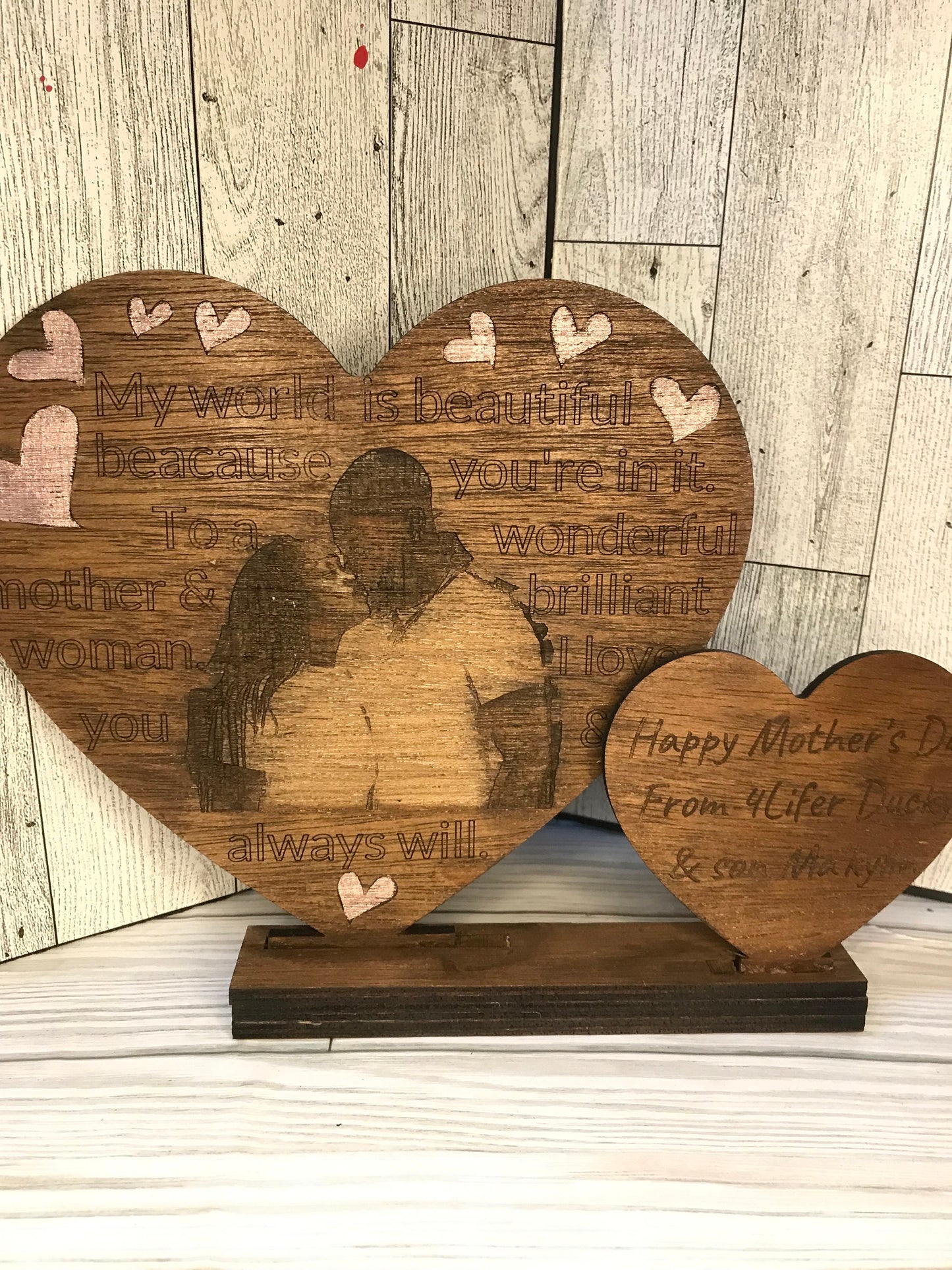 Double Heart Wooden Plaque with Laser Engraved Photo and Personalized Message