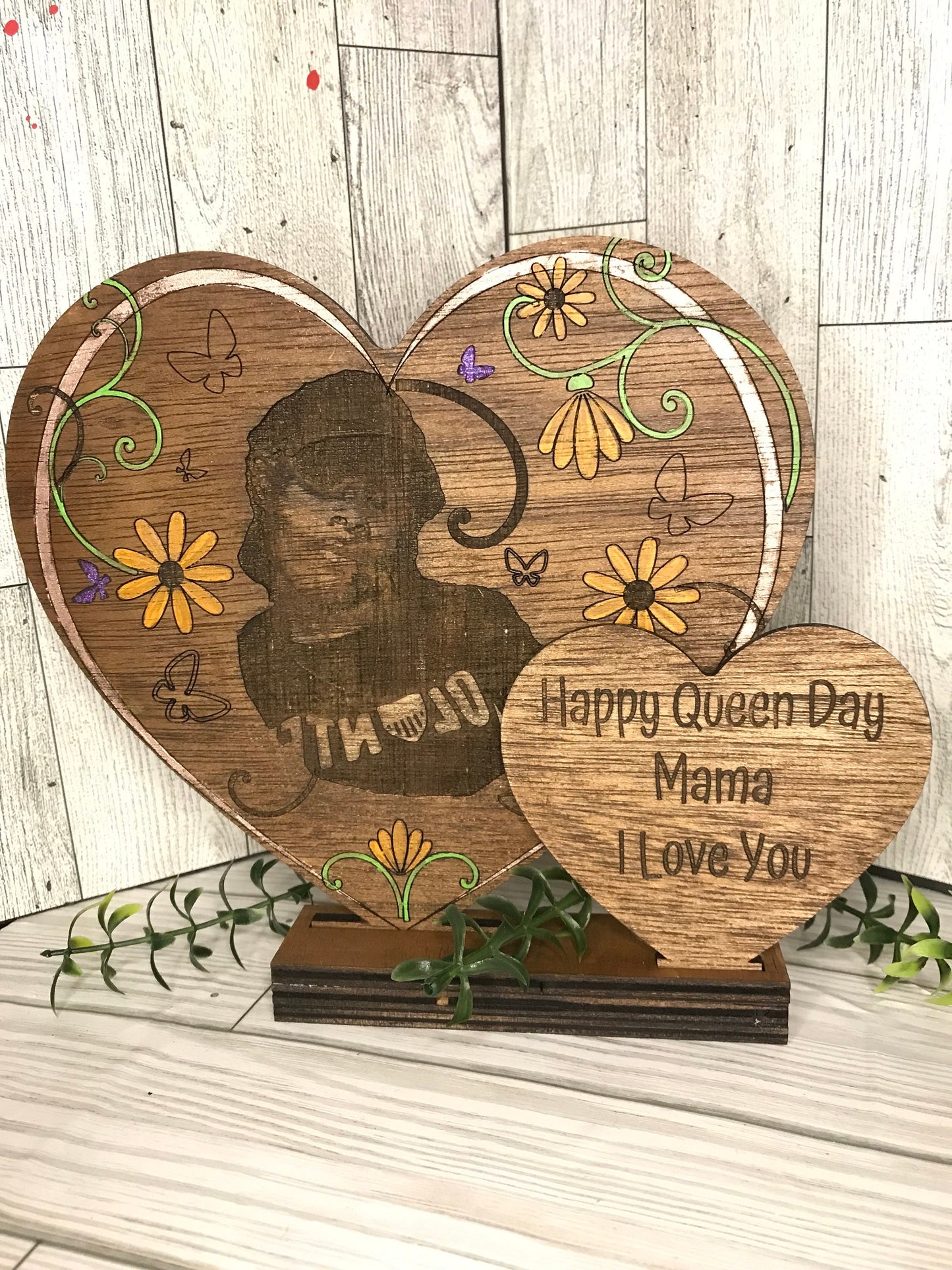 Double Heart Wooden Plaque with Laser Engraved Photo and Personalized Message