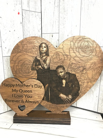 Double Heart Wooden Plaque with Laser Engraved Photo and Personalized Message