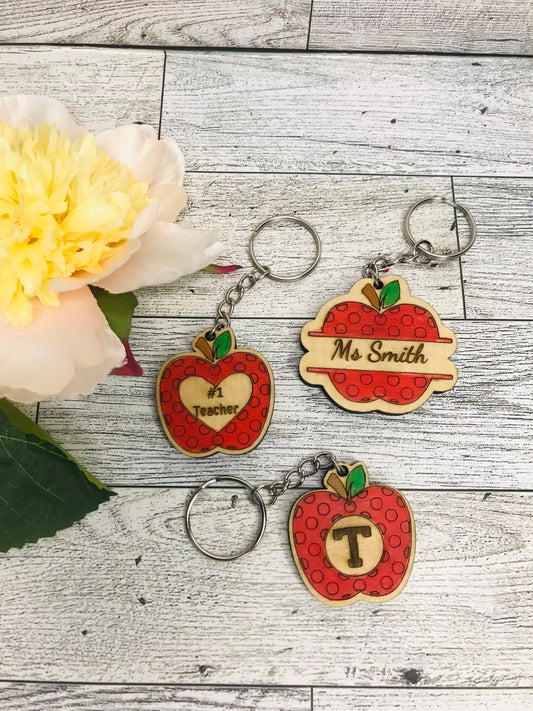 Custom Laser Cut and Engraved Wooden Apple Keychain, Teacher Bag or Purse Charm